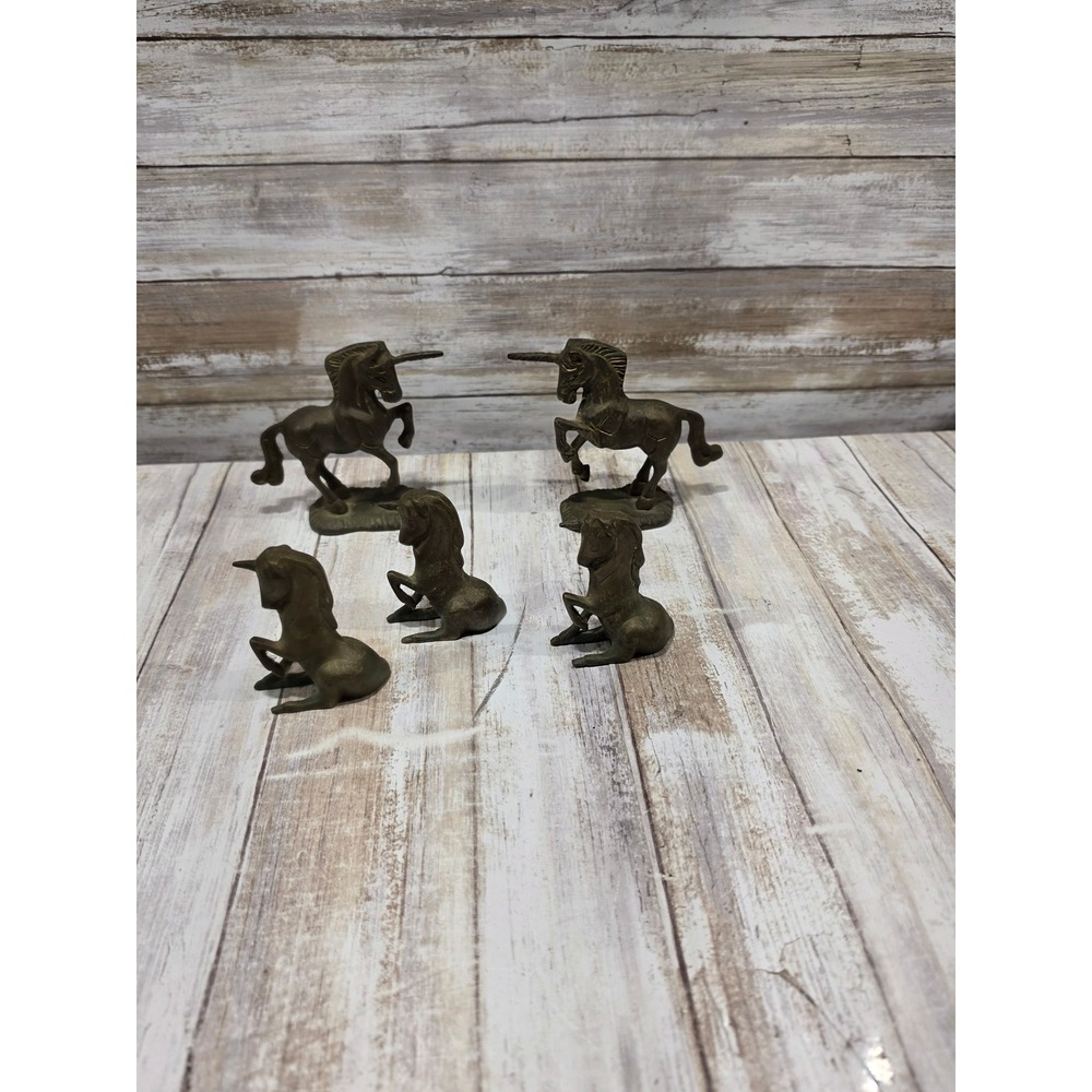 Vintage Solid Brass‎ Unicorn Figurines Set of 5 Standing Seated Mythical Statues